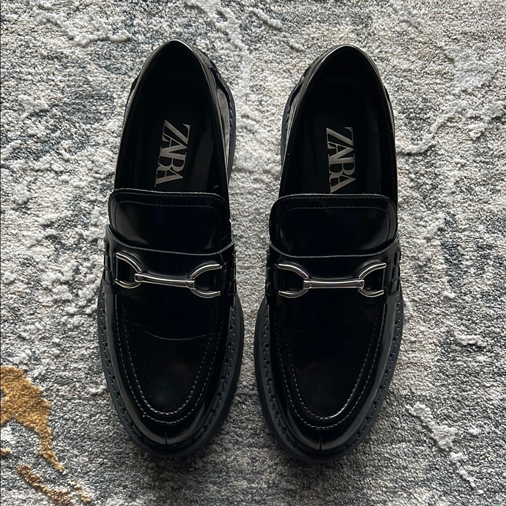 Zara Black Loafers Silver Buckle